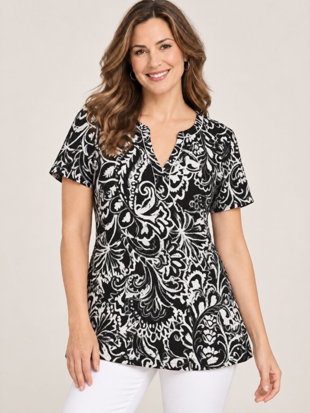 Susan Graver Printed Liquid Knit Split-Neck A-Line Black White Tunic Size M